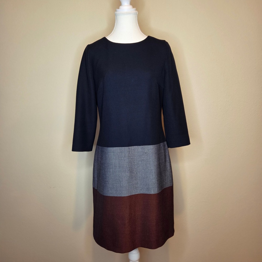 Hobbs London Colorblock Sheath Dress Navy Blue Grey Burgundy US 6 UK 10